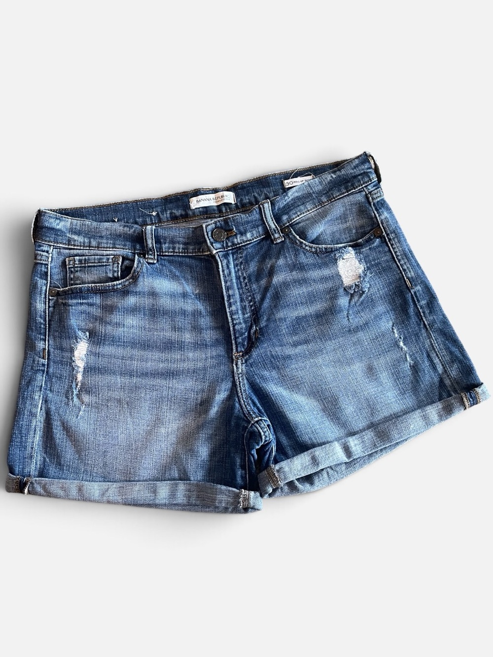 Banana Republic Premium Denim Jean Roll-Up Short Sz 30 Distressed 10” High-Rise